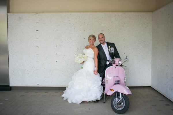 bridal portrait on pink vespa